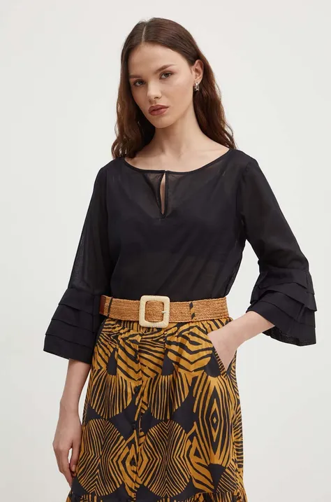 Sisley bluzka bawełniana damska kolor czarny gładka