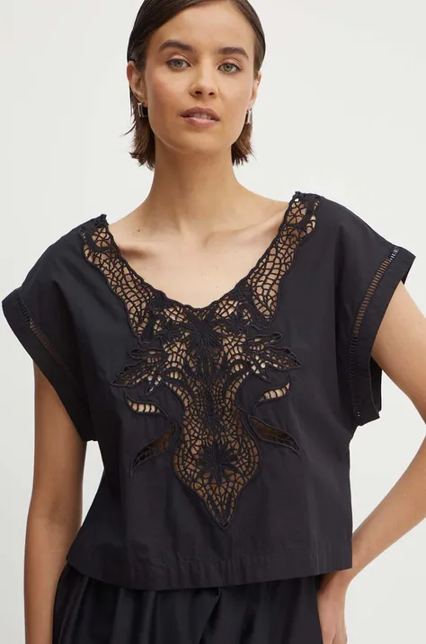 Хлопковая блузка Sisley женская цвет чёрный с аппликацией