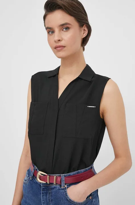 Košeľa Calvin Klein dámska, čierna farba, regular, s klasickým golierom