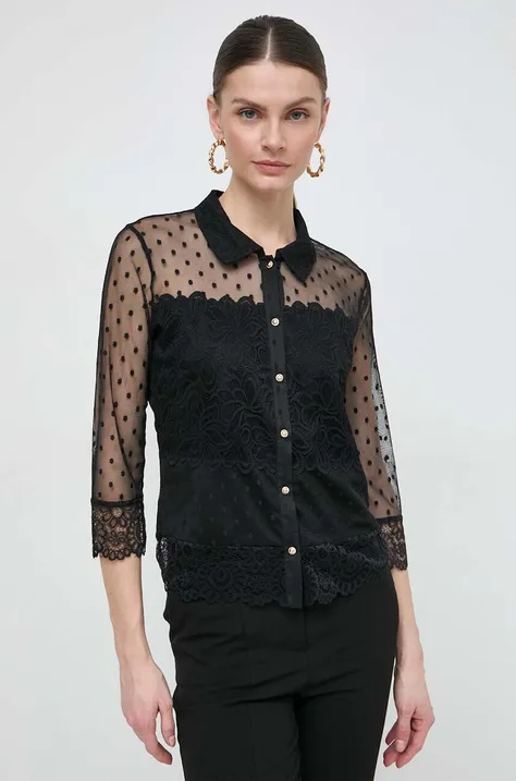 Риза Morgan дамска в черно със стандартна кройка с класическа яка