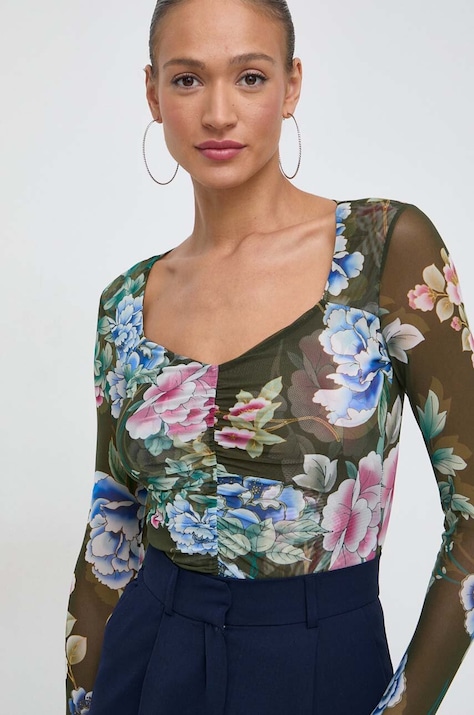 Guess bluza femei, culoarea verde, modelator