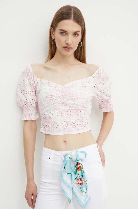 Guess bluza din bumbac PALMA femei, culoarea roz, neted, W4GH68 WG571