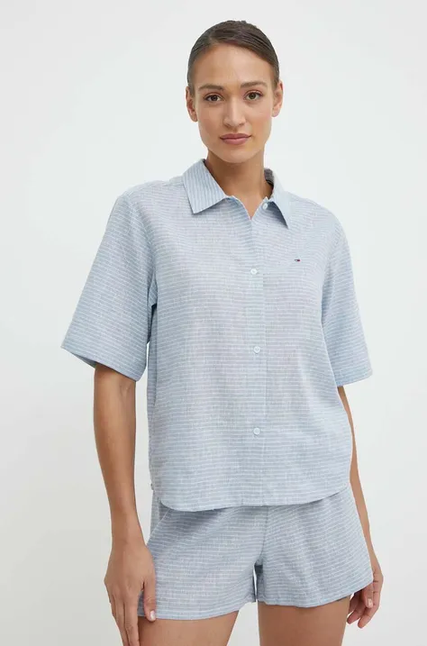 Tommy Hilfiger piżama lniana kolor niebieski UW0UW04519