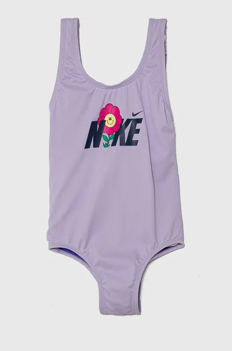 Jednodielne detské plavky Nike Kids MULTI LOGO fialová farba