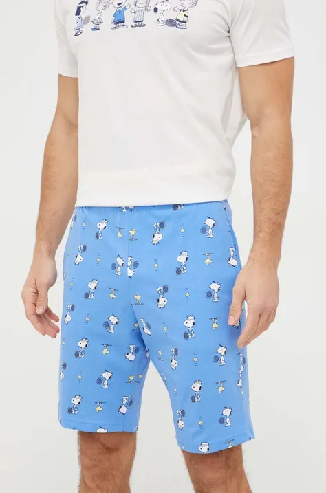 Памучно късо долнище на пижама United Colors of Benetton x Peanuts в синьо с десен