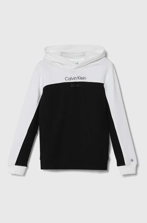 Детская хлопковая кофта Calvin Klein Jeans цвет чёрный с капюшоном узор