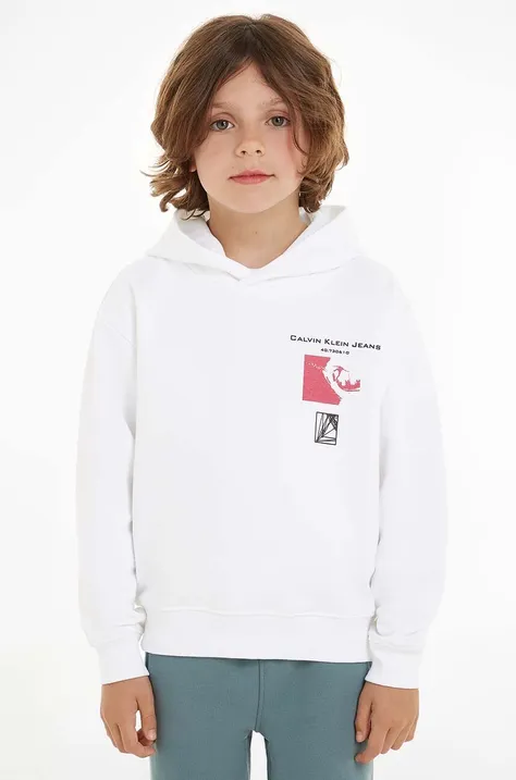 Детская кофта Calvin Klein Jeans цвет белый с капюшоном с принтом