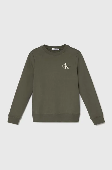 Otroški bombažen pulover Calvin Klein Jeans zelena barva