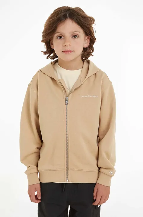 Detská bavlnená mikina Calvin Klein Jeans béžová farba, s kapucňou, s potlačou