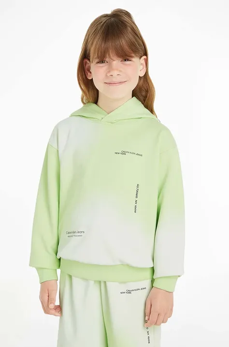 Детски памучен суичър Calvin Klein Jeans в зелено с качулка с десен