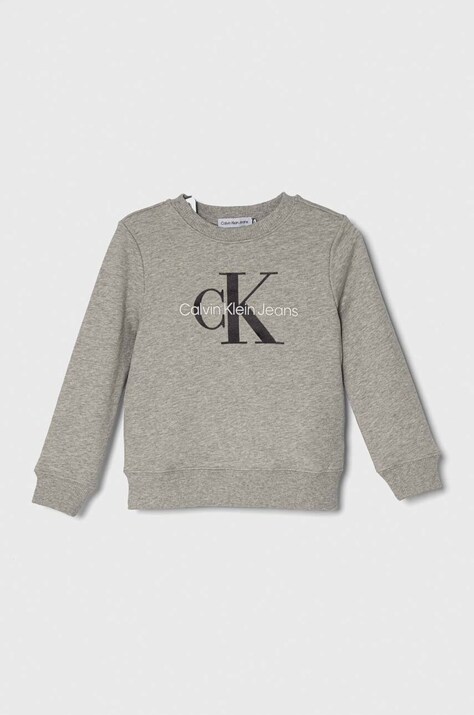 Detská bavlnená mikina Calvin Klein Jeans šedá farba, s potlačou