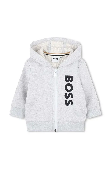 Кофта для младенцев BOSS цвет серый с капюшоном с принтом