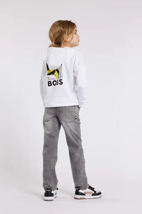 Детски суичър BOSS в бяло с качулка с принт