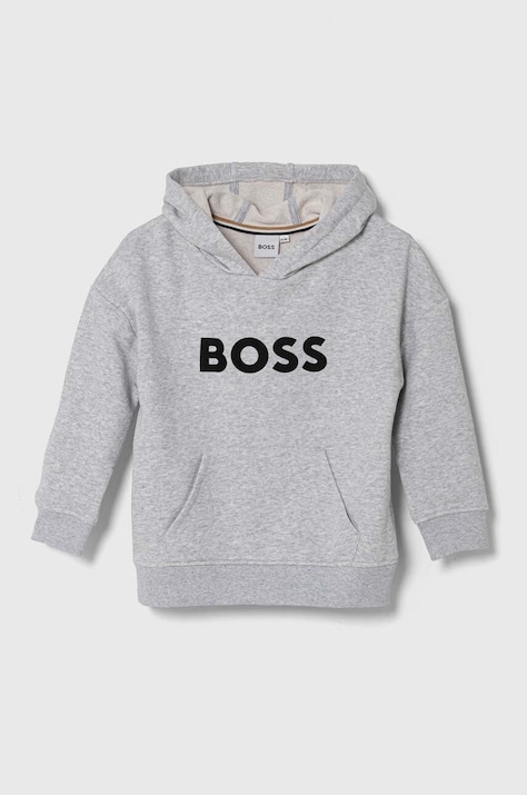 Детски суичър BOSS в сиво с качулка с принт