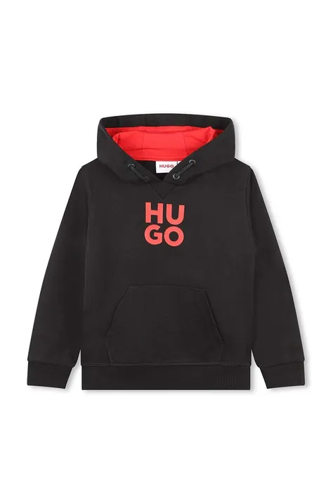 Дитяча кофта HUGO колір чорний з капюшоном з принтом
