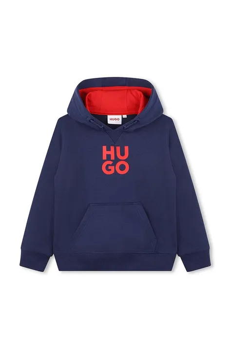 Дитяча кофта HUGO колір синій з капюшоном з принтом