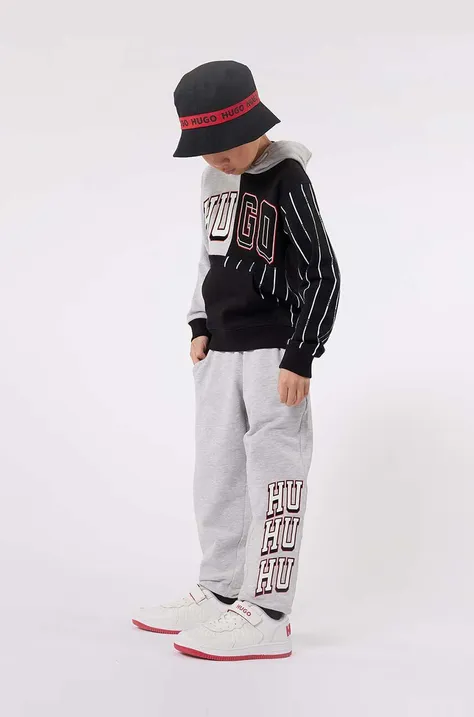 Дитяча кофта HUGO колір сірий з капюшоном візерунок