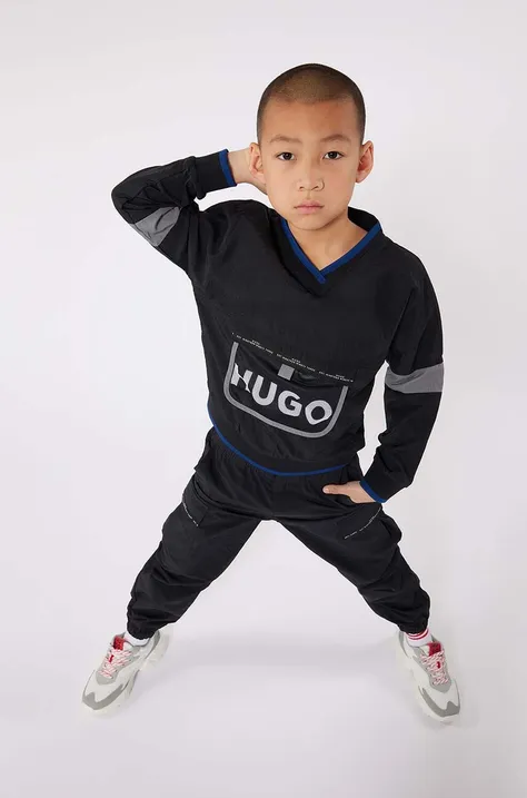 Дитяча кофта HUGO колір синій з капюшоном з принтом