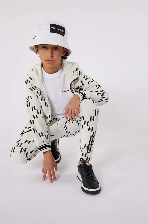 Дитяча бавовняна кофта Karl Lagerfeld колір бежевий з капюшоном візерунок