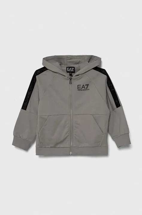 EA7 Emporio Armani bluza bawełniana dziecięca kolor szary z kapturem z nadrukiem