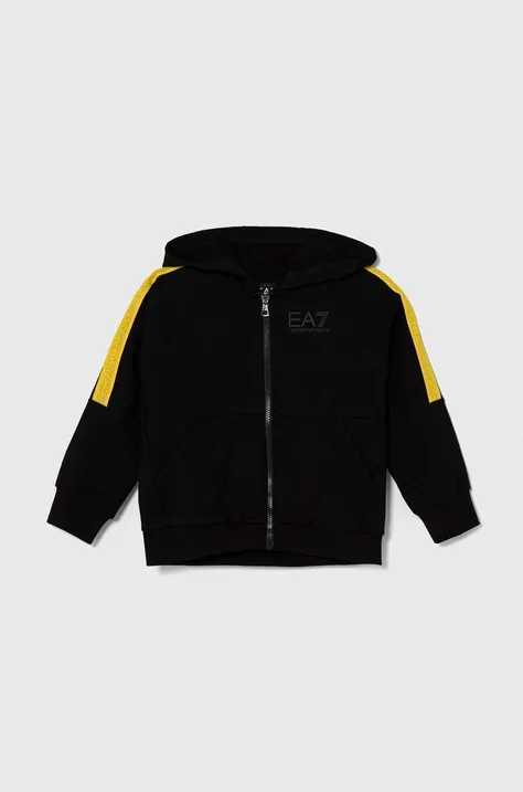 Otroški bombažen pulover EA7 Emporio Armani črna barva, s kapuco