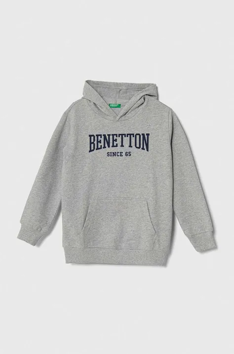 Дитяча бавовняна кофта United Colors of Benetton колір сірий з капюшоном з принтом