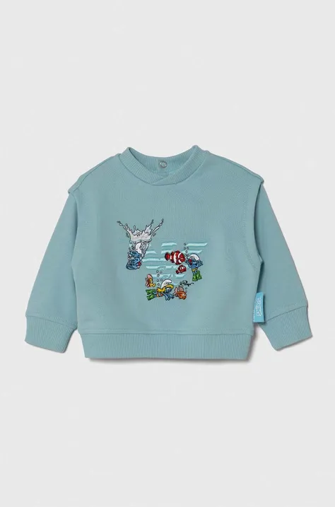 Bombažen pulover za dojenčka Emporio Armani x The Smurfs turkizna barva