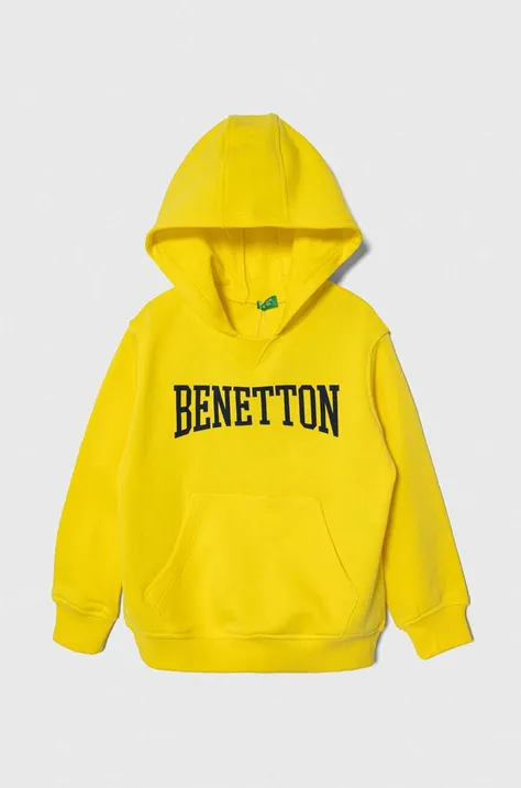 United Colors of Benetton bluza bawełniana dziecięca kolor żółty z kapturem wzorzysta