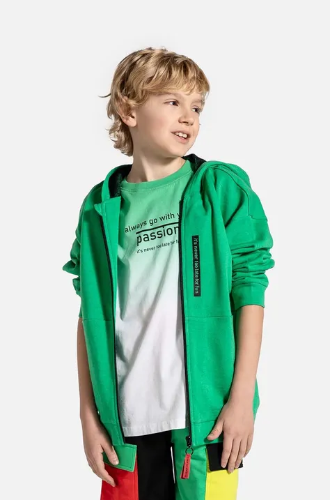 Дитяча бавовняна кофта Coccodrillo колір зелений з капюшоном однотонна
