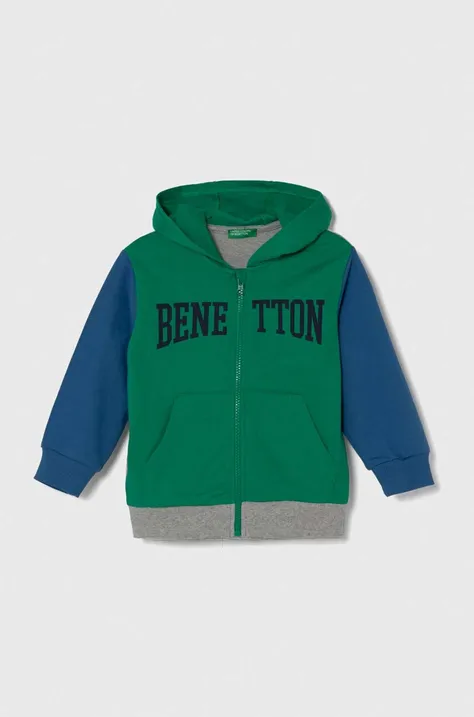 Detská bavlnená mikina United Colors of Benetton zelená farba, s kapucňou, s potlačou