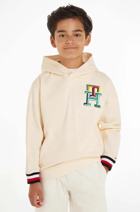 Tommy Hilfiger bluza bawełniana dziecięca kolor beżowy z kapturem z nadrukiem