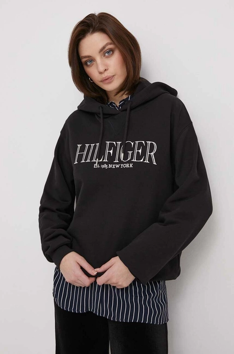 Bombažen pulover Tommy Hilfiger ženska, črna barva, s kapuco