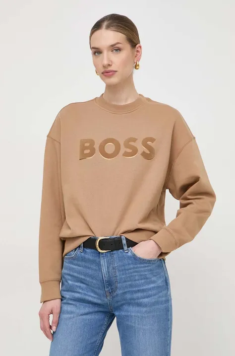 BOSS hanorac de bumbac femei, culoarea bej, cu imprimeu 50508499