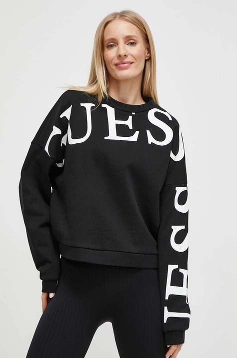 Guess hanorac de bumbac femei, culoarea negru, cu imprimeu