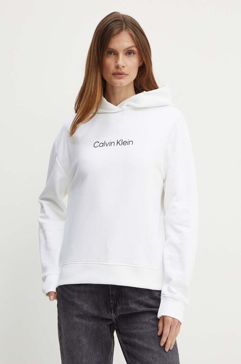 Calvin Klein hanorac de bumbac femei, culoarea alb, cu glugă, cu imprimeu, K20K205449