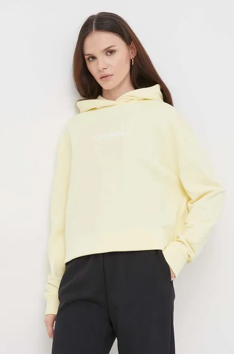 Bavlněná mikina Calvin Klein dámská, žlutá barva, s kapucí, s potiskem, K20K205449