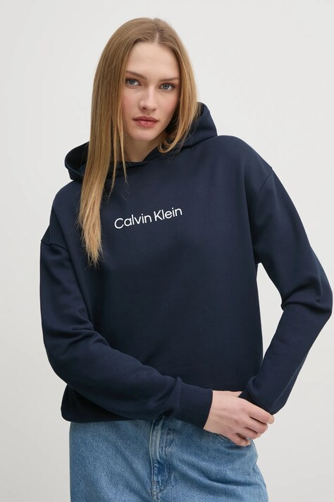 Calvin Klein hanorac de bumbac femei, culoarea albastru marin, cu glugă, cu imprimeu, K20K205449