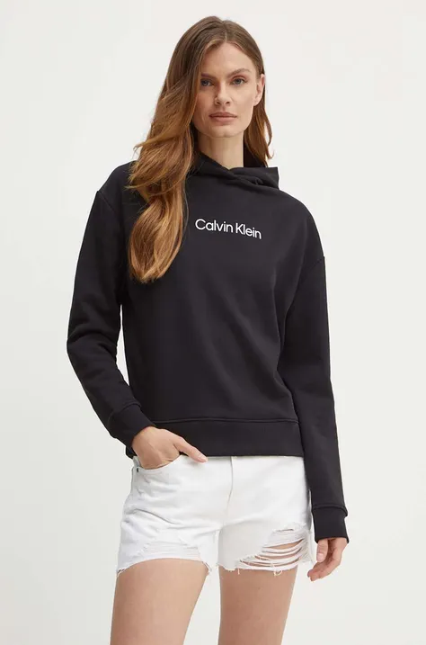 Хлопковая кофта Calvin Klein женская цвет чёрный с капюшоном с принтом K20K205449