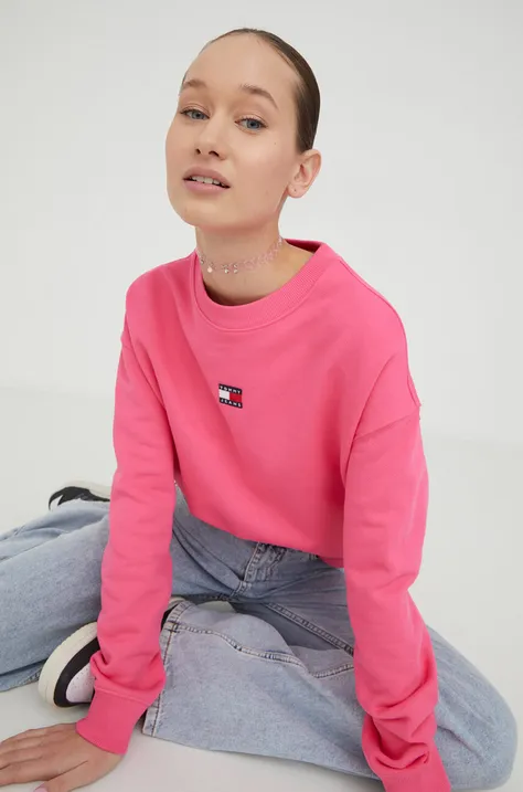 Βαμβακερή μπλούζα Tommy Jeans γυναικεία, χρώμα: ροζ