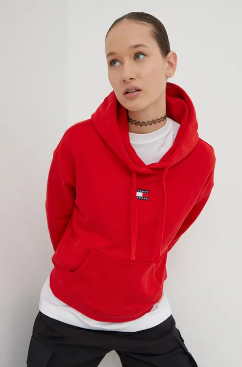 Pamučna dukserica Tommy Jeans za žene, boja: crvena, s kapuljačom, s aplikacijom