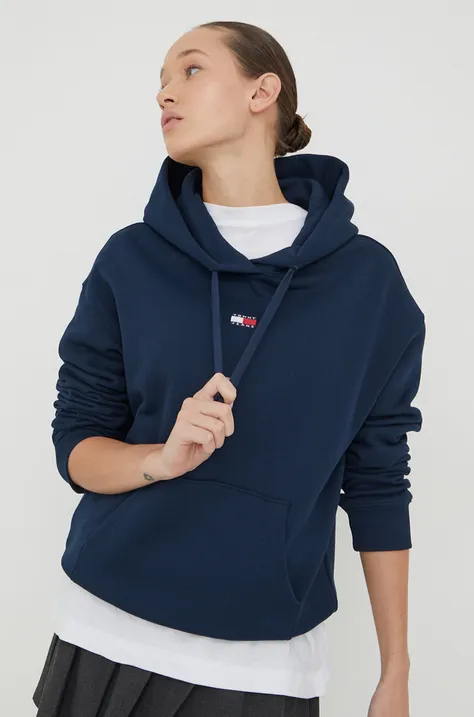 Tommy Jeans hanorac de bumbac femei, culoarea bleumarin, cu glugă, imprimeu DW0DW17326