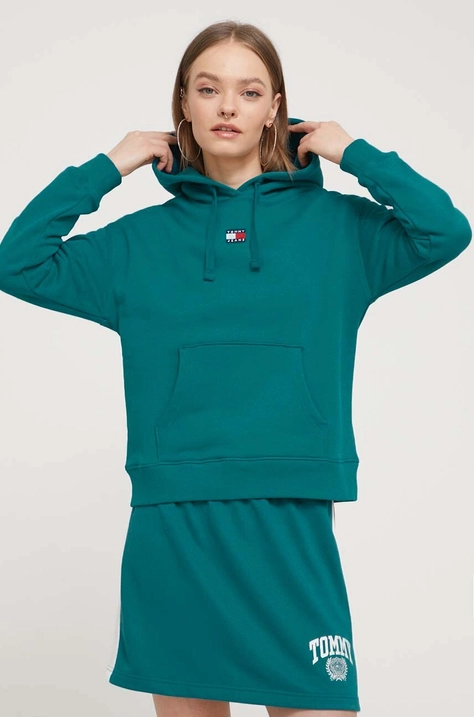 Tommy Jeans hanorac de bumbac femei, culoarea verde, cu glugă, imprimeu DW0DW17326