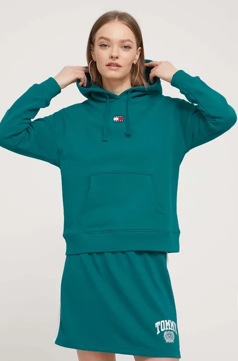 Pamučna dukserica Tommy Jeans za žene, boja: zelena, s kapuljačom, s aplikacijom