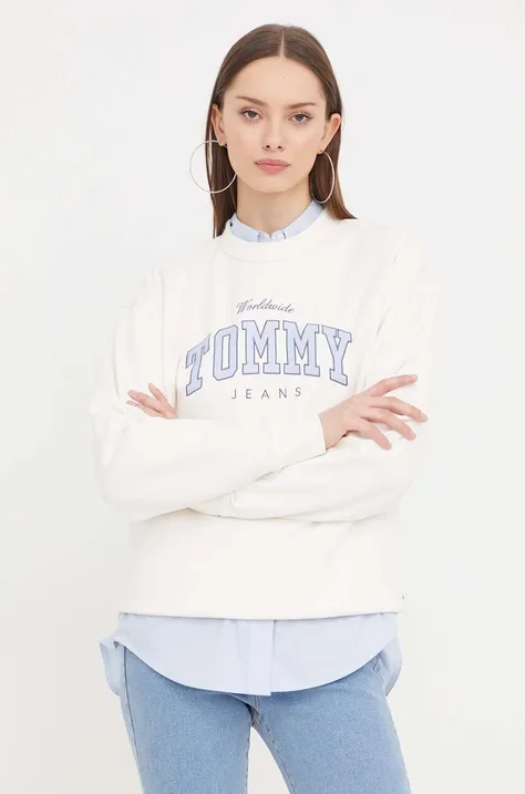 Tommy Jeans hanorac de bumbac femei, culoarea alb, cu imprimeu DW0DW17339