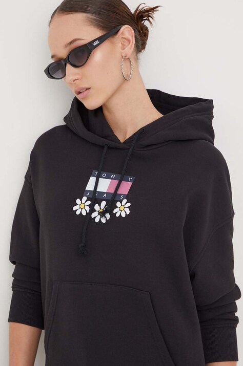 Tommy Jeans Bluza bawełniana damska kolor czarny z kapturem z nadrukiem DW0DW17708