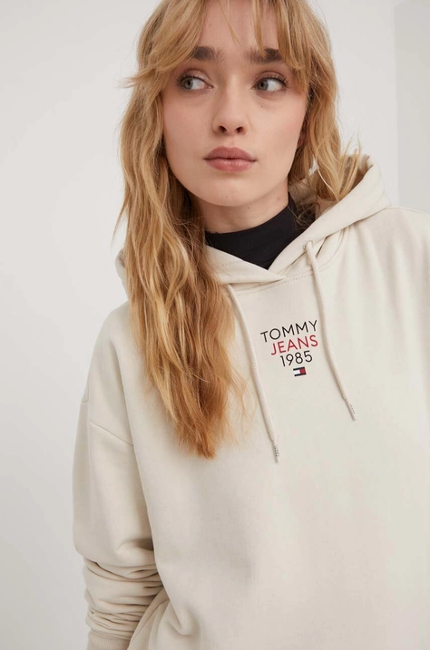 Tommy Jeans bluză femei, culoarea bej, cu glugă, imprimeu DW0DW17322