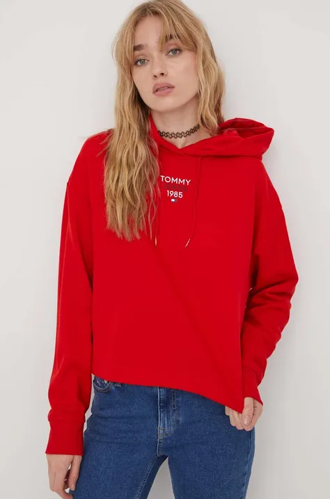 Pulover Tommy Jeans ženska, rdeča barva, s kapuco