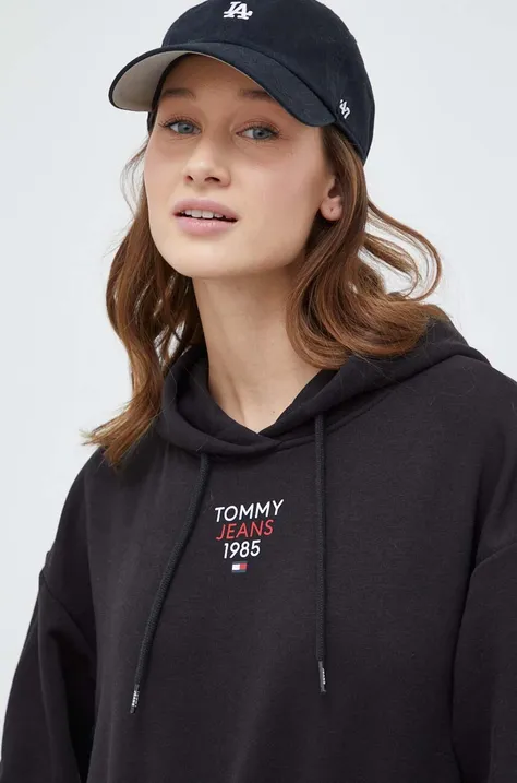 Mikina Tommy Jeans dámska, čierna farba, s kapucňou, s potlačou, DW0DW17322