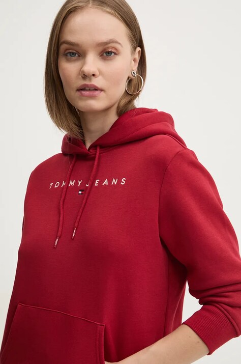 Tommy Jeans bluza femei, culoarea bordo, cu glugă, cu imprimeu, DW0DW17324