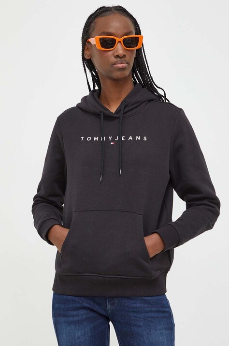 Tommy Jeans bluza femei, culoarea negru, cu glugă, cu imprimeu, DW0DW17324